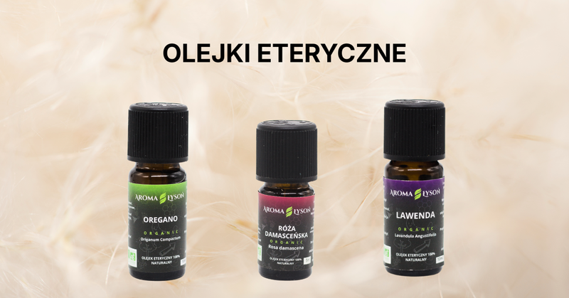 Trzy olejki – Oregano, Róża, Lawenda na jasnym tle + napis OLEJKI ETERYCZNE