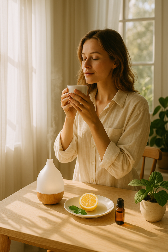 Kobieta w a jasnej kuchni trzymająca kubek kawy na stole dyfuzer z olejkami eterycznymi i świeża cytryna wraz  z butelką olejku cytrynowego 