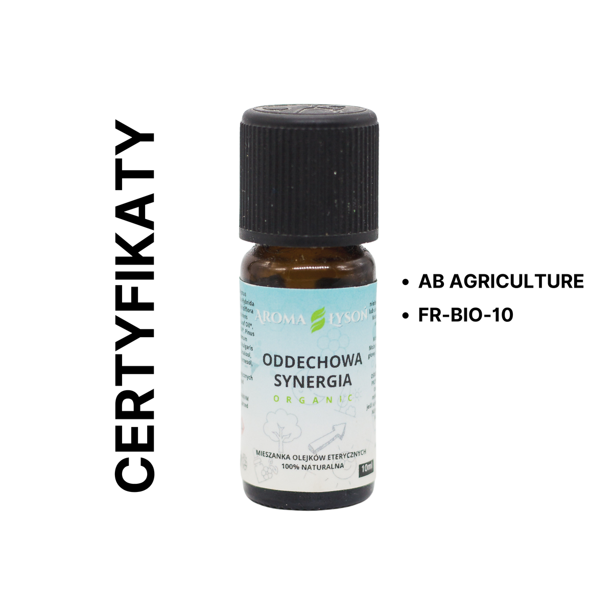 Certyfikaty jakości mieszanki olejków eterycznych Synergia Oddechowa BIO Aroma Łysoń – AB Agriculture, FR-BIO-10, HECT i HBBD.