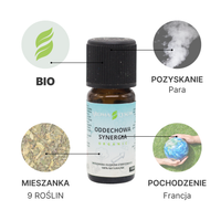 Specyfikacja mieszanki olejków eterycznych Synergia Oddechowa BIO Aroma Łysoń – pochodzenie Francja, liście i kwiaty, destylacja parą wodną, certyfikat BIO.