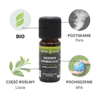 Specyfikacja olejku eterycznego drzewo herbaciane BIO Aroma Łysoń – pochodzenie RPA, kwiatostan, destylacja parą wodną, certyfikat BIO.