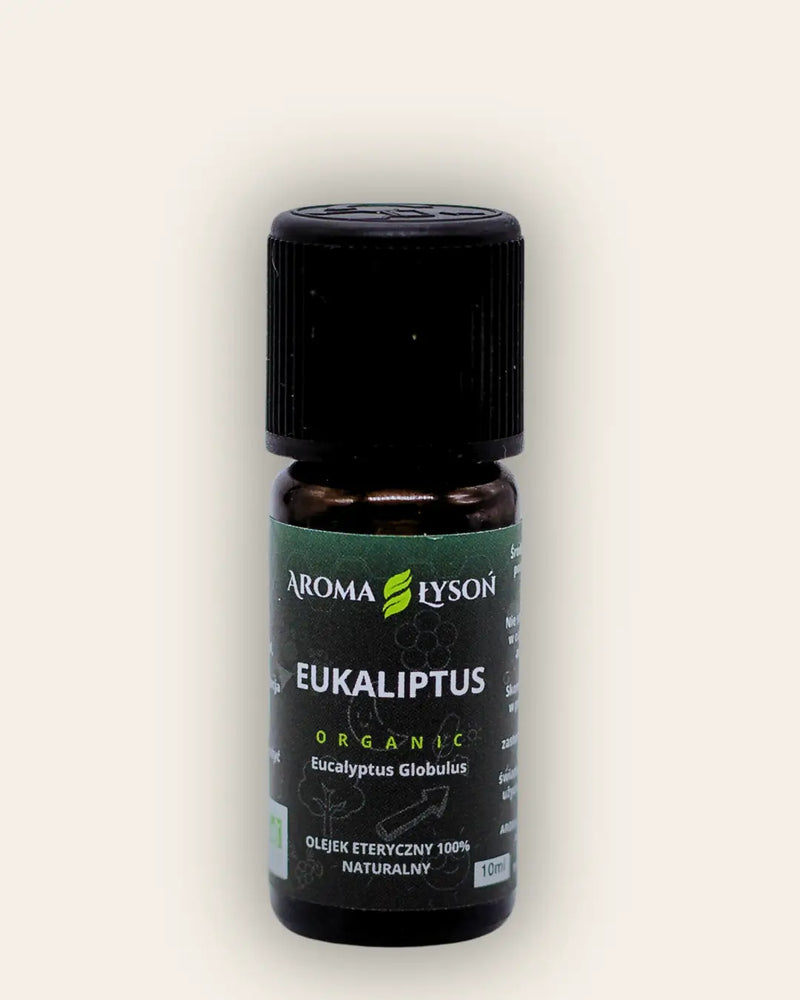 Olejek eteryczny eukaliptusowy BIO 10 ml Aroma Łysoń – naturalny olejek aromaterapeutyczny z eukaliptusa, 100% czysty i ekologiczny.