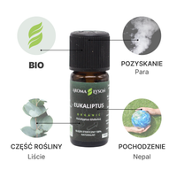 Specyfikacja olejku eterycznego eukaliptusowego BIO Aroma Łysoń – pochodzenie Nepal, kwiatostan, destylacja parą wodną, certyfikat BIO.