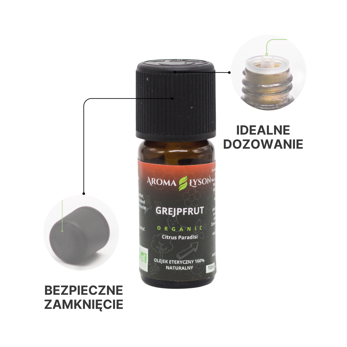 Olejek eteryczny grejpfrutowy BIO Aroma Łysoń – bezpieczne zamknięcie i idealne dozowanie kropli