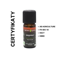 Certyfikaty jakości olejku eterycznego grejpfrutowy BIO Aroma Łysoń – AB Agriculture, FR-BIO-10, HECT i HBBD.