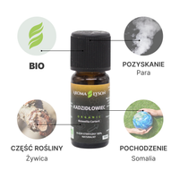 Specyfikacja olejku eterycznego kadzidłowego BIO Aroma Łysoń – pochodzenie Somalia, żywica, destylacja parą wodną, certyfikat BIO.