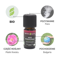 Specyfikacja olejku eterycznego z Róży Damasceńskiej BIO Aroma Łysoń – pochodzenie Bułgaria, płatki kwiatów, destylacja parowa, certyfikat BIO.