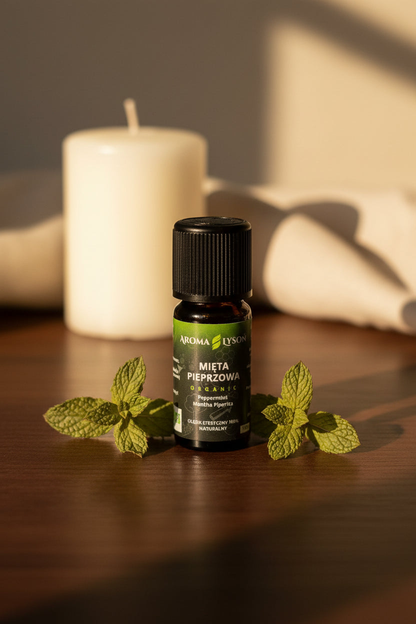 lifestylowe zdjęcie olejku eterycznego mięta pieprzowa bio | Aroma Łysoń