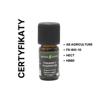 Certyfikaty jakości olejku eterycznego tymianke z thujanolem BIO Aroma Łysoń – AB Agriculture, FR-BIO-10, HECT i HBBD.