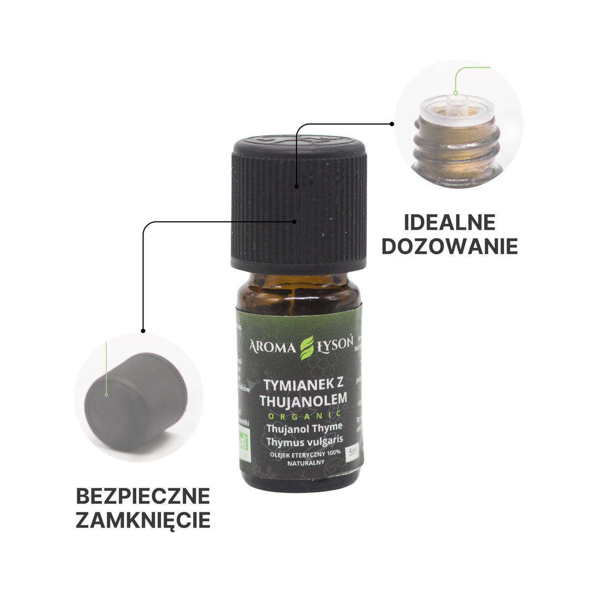 Olejek eteryczny tymianek z thujanolem BIO Aroma Łysoń – bezpieczne zamknięcie i idealne dozowanie kropli