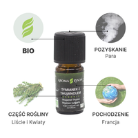 Specyfikacja olejku eterycznego tymianke z thujanolem BIO Aroma Łysoń – pochodzenie Francja, liście i kwiaty, destylacja parą wodną, certyfikat BIO.