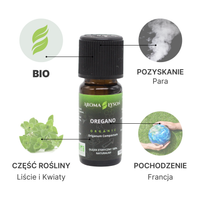 Specyfikacja olejku eterycznego z oregano BIO Aroma Łysoń – pochodzenie Francja, liście i kwiaty, destylacja parą wodną, certyfikat BIO.
