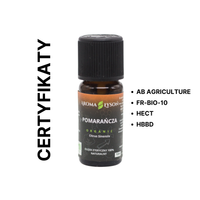 Certyfikaty jakości olejku eterycznego z pomarańczy BIO Aroma Łysoń – AB Agriculture, FR-BIO-10, HECT i HBBD.

