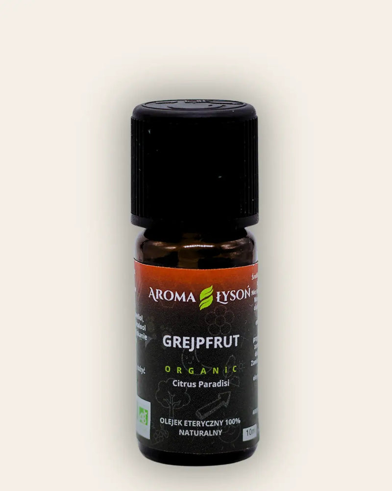 Olejek eteryczny grejpfrutowy BIO 10 ml Aroma Łysoń – naturalny olejek aromaterapeutyczny z grejpfruta, 100% czysty i ekologiczny.
